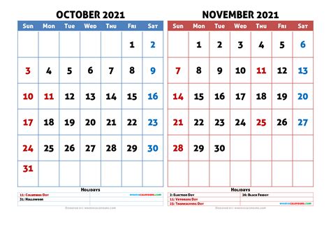 Printable October And November 2021 Calendar